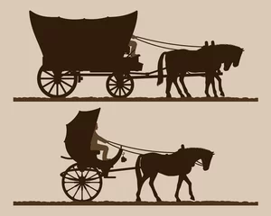 Deurstickers Silhouettes of the carriages.  Silhouettes of horse-drawn carriages with riders. Two-wheeled and four-wheel carriage. Wild west wagon silhouette. Vector illustration. © Vladimir Zadvinskii