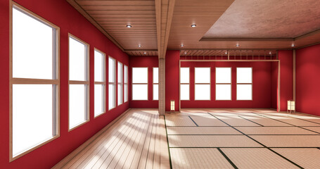 The interior color Red room inteior with tatami mat floor.3D rendering