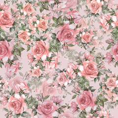 Seamless beautiful pattern of painted roses with foliage