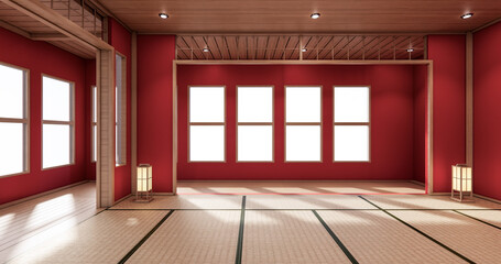 The interior color Red room inteior with tatami mat floor.3D rendering