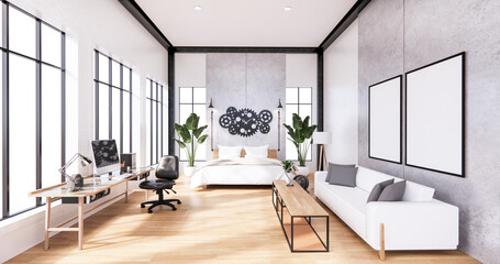 Loft room with sofa and plants decoration on wooden floor.3D rendering