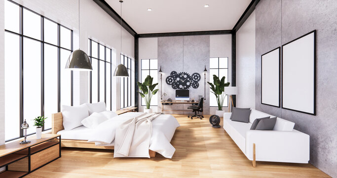 The Loft style Bedroom interior ,Computer, office tool on desk, sofa. 3D rendering