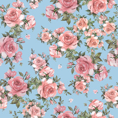 Seamless beautiful pattern of painted roses with foliage