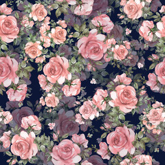 Seamless beautiful pattern of painted roses with foliage