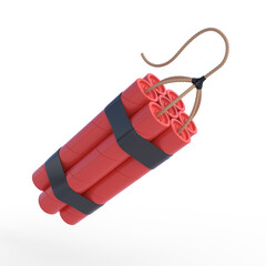 Bundle of red dynamite sticks, TNT with wick isolated on white background. Explosive supplies. 3D rendering illustration