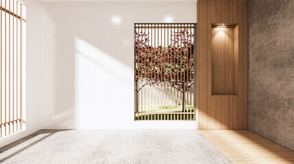 The Empty room japanese style and lamp down light on shelf wall wooden design.3D rendering