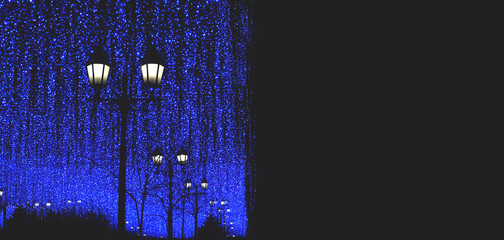 Christmas holiday background. A large number of lanterns and garlands on Christmas night. The concept of winter and holidays. Christmas lights. Holiday lighting. Free space for copying.