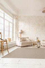 Large spacious room with a trendy loft design of sitting area. huge windows and stylish wicker light furniture inside. an abundance of ethnic decor