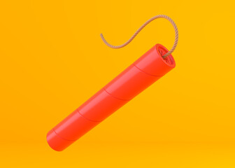 Red dynamite sticks, TNT with wick on yellow background. Explosive supplies. Creative minimal concept. 3D rendering illustration