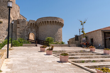 Stairway to the Badiali Castle and its Angevin tower on the San Nicola island, Tremiti Islands,...