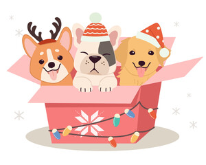 The character of cute dog and friends sitting in the gift box with flat vector style. illustation for christmas , birthday party.