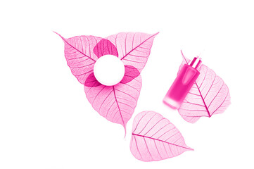 Cosmetic products on white background top view. SPA natural organic beauty products. Pink color filter