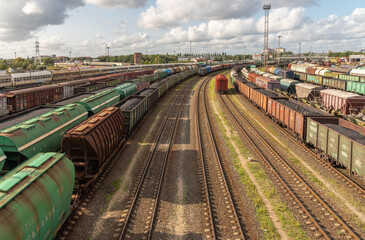 Fototapeta na wymiar Railway interchanges with freight cars.