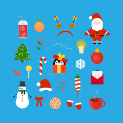 This is a Christmas set of different objects isolated on blue background. Could be used for holiday decorations.