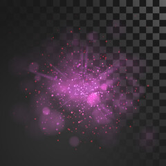 Purple dust vector firework explosion. Abstract Holiday Light Rays. Isolated on transparent background. Vector Illustration.