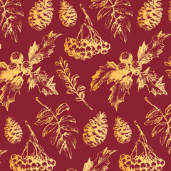 Seamless Christmas pattern with golden fir branches, cones and berries.
