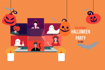 Online Halloween party concept banner on laptop screen, people in horror costumes have video conferencing to celebrate festival with pumpkin and bat, vector flat illustration