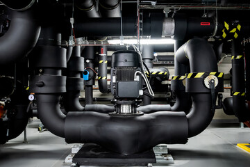 New large pump in industrial boiler room, black pipes