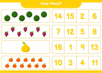Counting game, how many fruits. Educational children game, printable worksheet, vector illustration