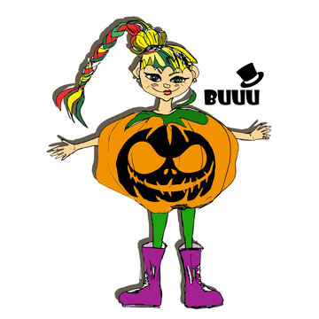 Funny sweet girl in a pumpkin costume with a braid hairstyle and purple hunter boots, cartoon, drawing