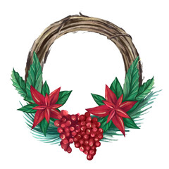 Christmas watercolor wreath with Christmas decor. Botanical wreath with leaves, berries, flowers. Festive wreath