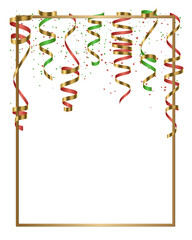 Vector red, green and gold serpentine, ribbon with red and green dust confetti isolated on white background. Christmas card for party, holiday design, decor. Vector illustration.
