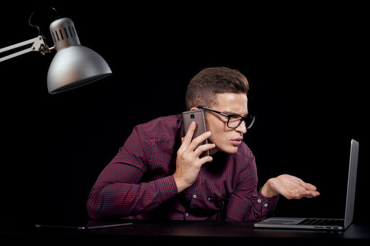 Male Manager Indoors Dark Background Communication Red Shirt Model Glasses New Technologies Business Finance