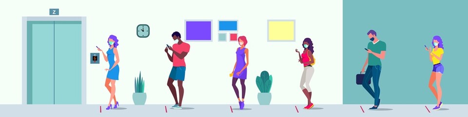 People waiting in line with masks on their faces in front of the elevator. Social distance rule.