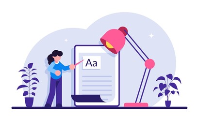 Copywriting job, home based copywriter, freelance copywriting concept. Copywriter writting creative advertising text. Modern flat illustration.