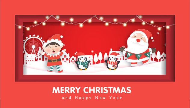 Merry Christmas with a Santa Clause and friends for Christmas background ,Christmas card in  paper cut and craft style.