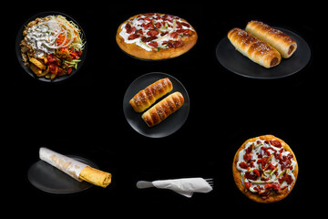 Fast Food isolated on a black background. Dishes of mouth-watering pastries.