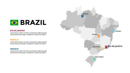 Brazil vector map infographic template. Slide presentation. Global business marketing concept. South America country. World transportation geography data. 