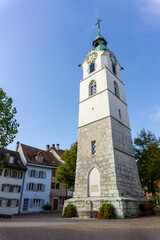 view of the historic city tower in the old town of Olten