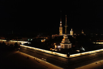 Obraz premium Aerial Townscape of Saint Petersburg City at Night. Peter Pavels Fortress