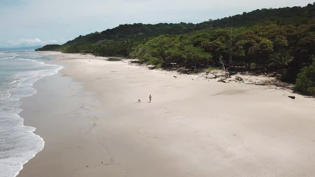 Man With Pet Dog Running On The White Sand Beach With Ocean Waves In Summer At Santa Teresa, Puntarenas, Costa Rica. - aerial drone shot