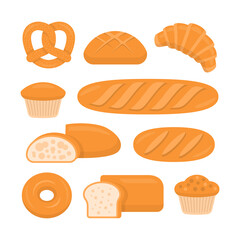 Different Types of Bread. Bakery Products. Pretzel, Bun, Croissant, Plain Cupcake, Baguette, Ciabatta, Loaf, Bagel, Bread, and Muffin.