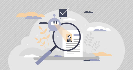 HR AI as human resources robots scanning CV for hiring tiny person concept
