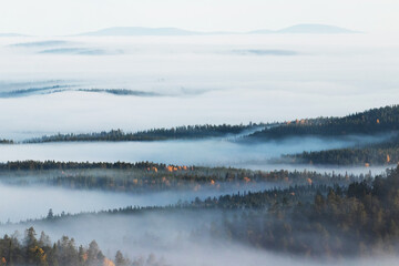 Large fells in fog during a morning in Northern Finland in autumn. 