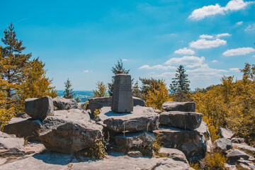 Lippe Velmerstot with memorial at Teutoburg Forest. Velmerstot hill top and view over landscape of...