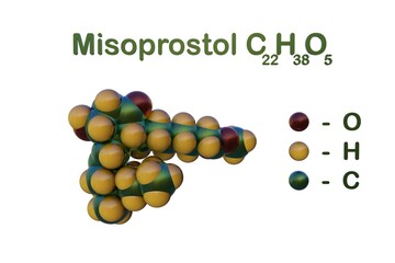 Structural chemical formula and molecular model of misoprostol, a medication used to prevent and treat stomach ulcers, start labor and cause an abortion. Scientific background. 3d illustration