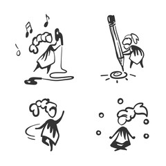 Set with relaxing home activities icons. Girl character vector illustration. Dance, paint, listen to music, meditate.