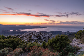 Stones and  Autumn vegetation in the mountains of Corsica with the sea in the background