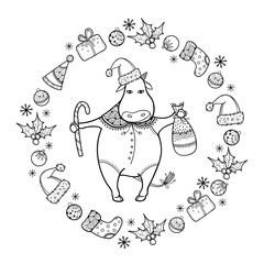Greeting with outline cute bull with Christmas bag and candy cane in black isolated on white background.