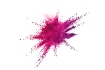 Red powder explosion on white background. Paint Holi.