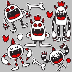 hand drawn kawai doodle cartoon monster designs for wallpaper, stickers, coloring books, pins, emblems, logos and more