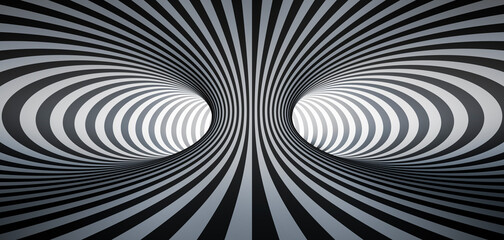 Inside View of Futuristic Torus Geometry with black and white Lines - 3D illustration