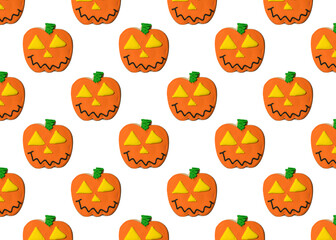 Cookie on halloween. Pumpkin Jack-o-lantern cookie candy. Trick or treat Happy Halloween. Seamless pattern isolated on white background. 