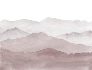 Sepia watercolor Mountains in fog hand drawn illustration 