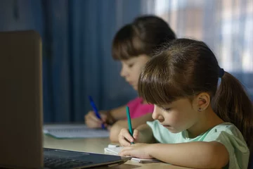 Poster Online onderwijs op afstand. Twee schoolmeisjes studeren thuis en schrijven huiswerk © Albert Ziganshin