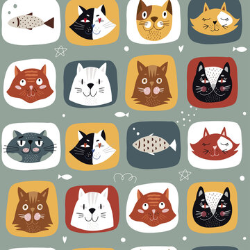 Seamless pattern with cute cats. Modern baby pattern. Great for fabric, textile. Vector illustration. 